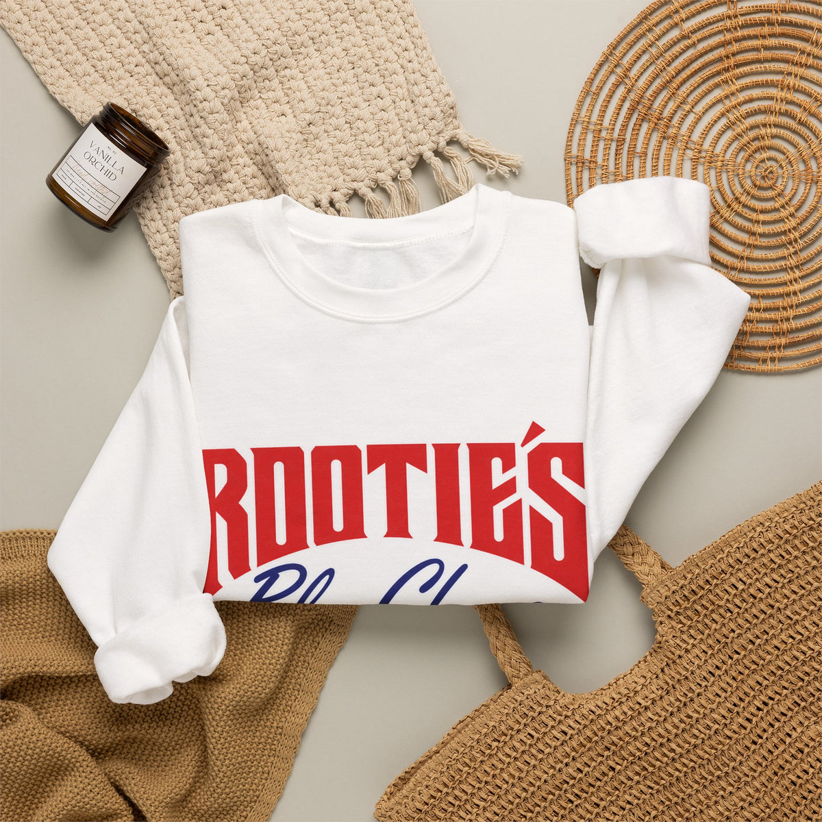 Crewneck Sweatshirt — "Rootie’s Blue Cheese" Retro Script Logo
