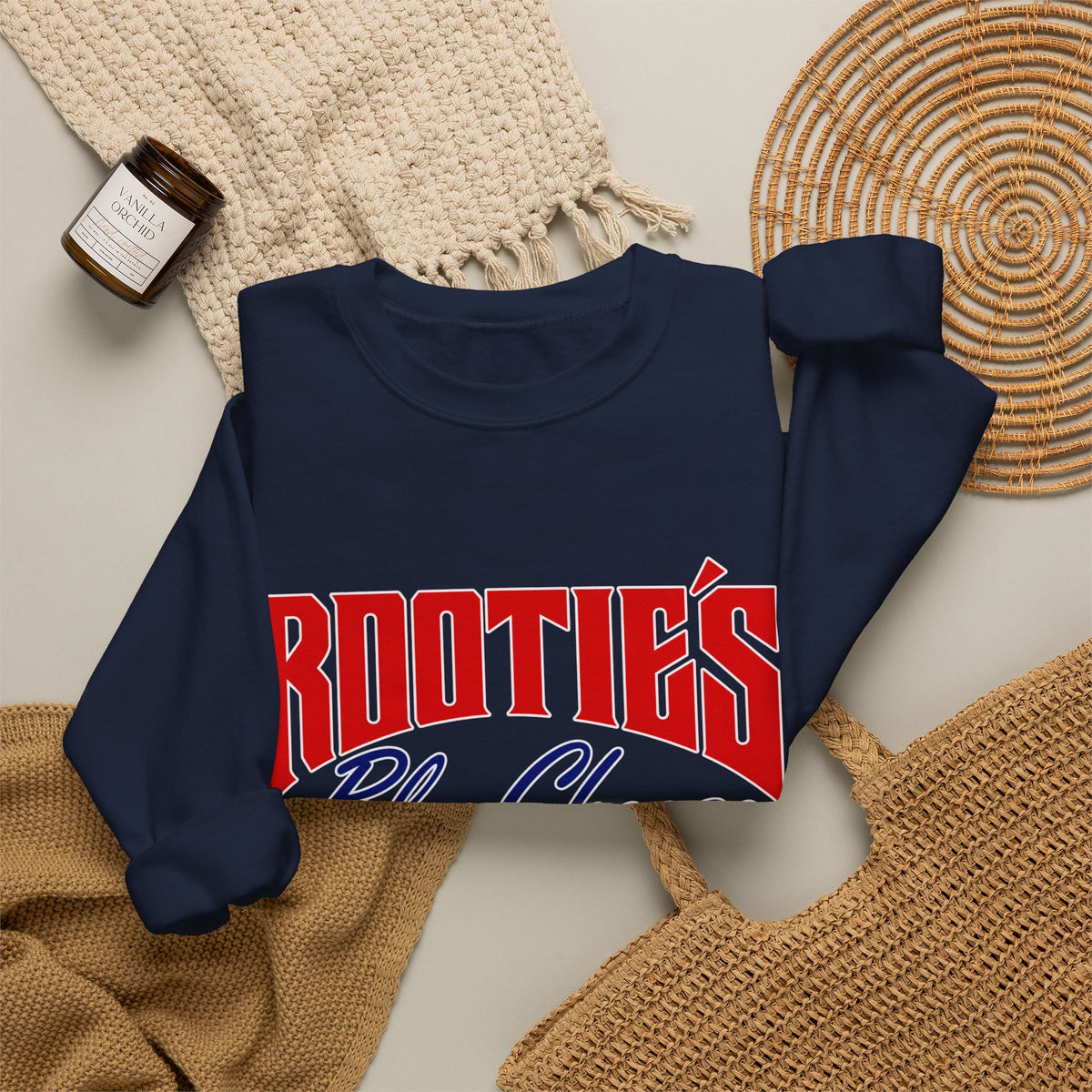Crewneck Sweatshirt — "Rootie’s Blue Cheese" Retro Script Logo